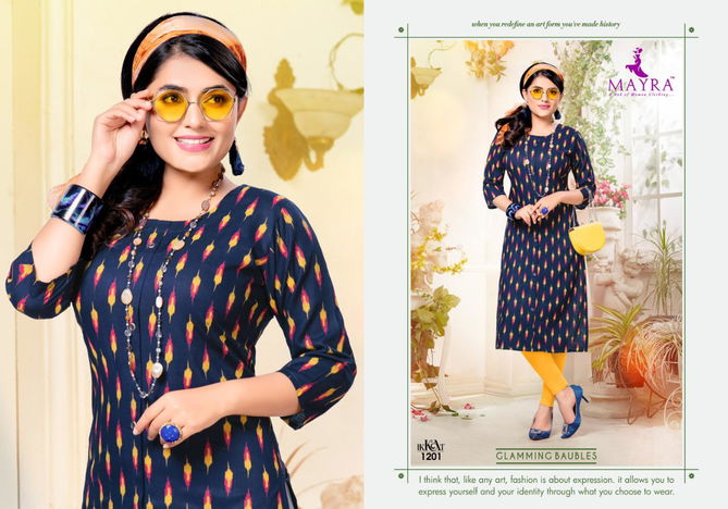 Mayra Ikkat Fancy Designer Regular Wear Rayon Slub Printed Kurtis Collection
