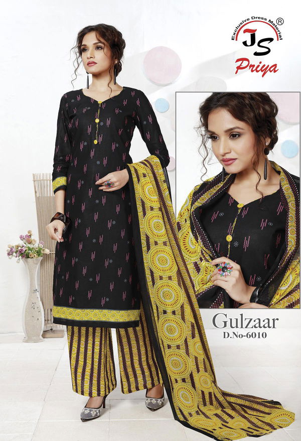 Js Priya Gulzar 6 Fancy Regular Wear Pure Cotton Designer Dress Material Collection
