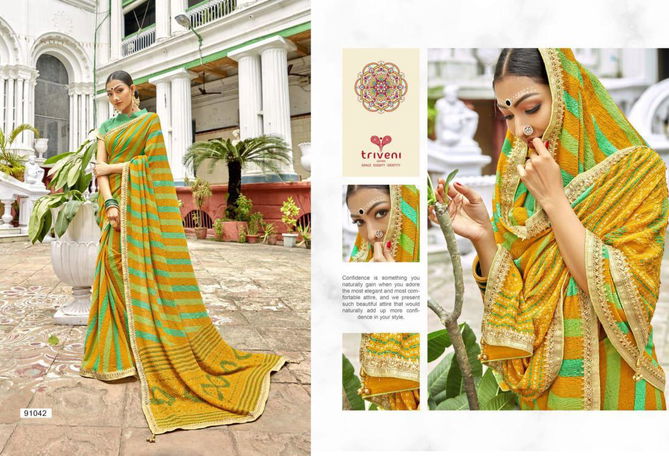 Triveni Gangotri Georgette Printed with Lace Work Designer Party wear Saree Collections