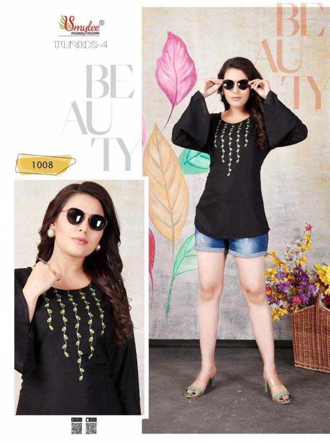 Smylee Tunics 4 latest Designer Casual Wear Embroidery Work Rayon Ladies Top Collection
