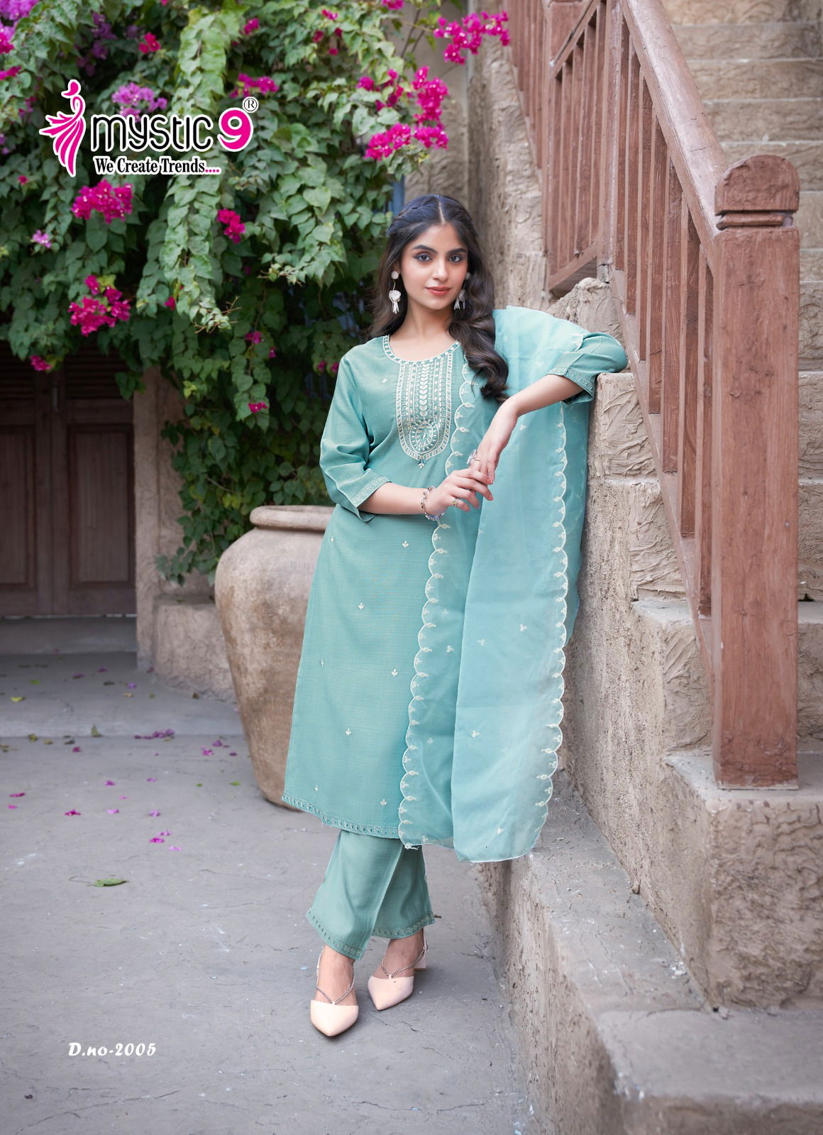 Flora Vol 2 By Mystic 9 Viscose Embroidery Kurti Bottom With Dupatta Exporters In India