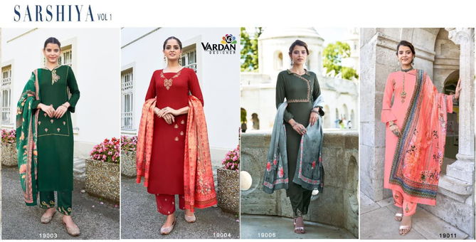 Sarshiya Vol 1 By Vardan Rayon Embroidery Kurti Pant With Dupatta Online Wholesal