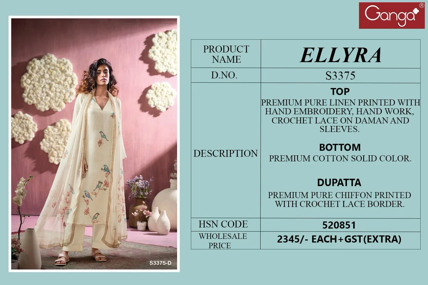 Ellyra 3375 by Ganga Linen Printed Embroidery Salwar Suit Orders In India