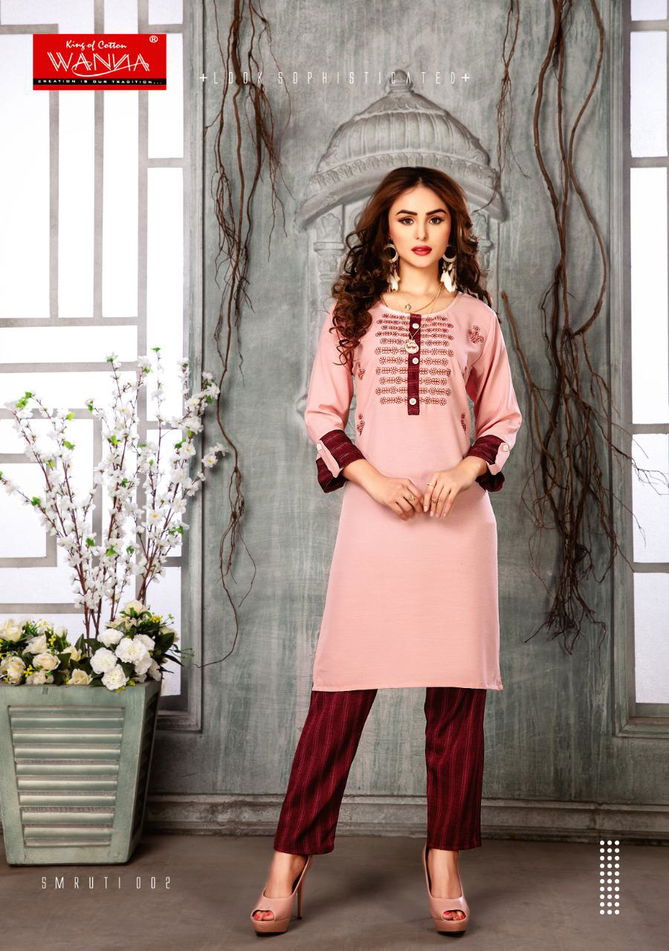 Wanna Smruti Latest Designer Casual Wear Rayon Kurti With Pant Style Bottom Collection
