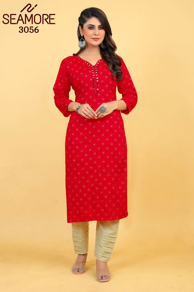 Red By Seamore Rayon Mirror Work With Printed Wear Kurtis Exporters In India