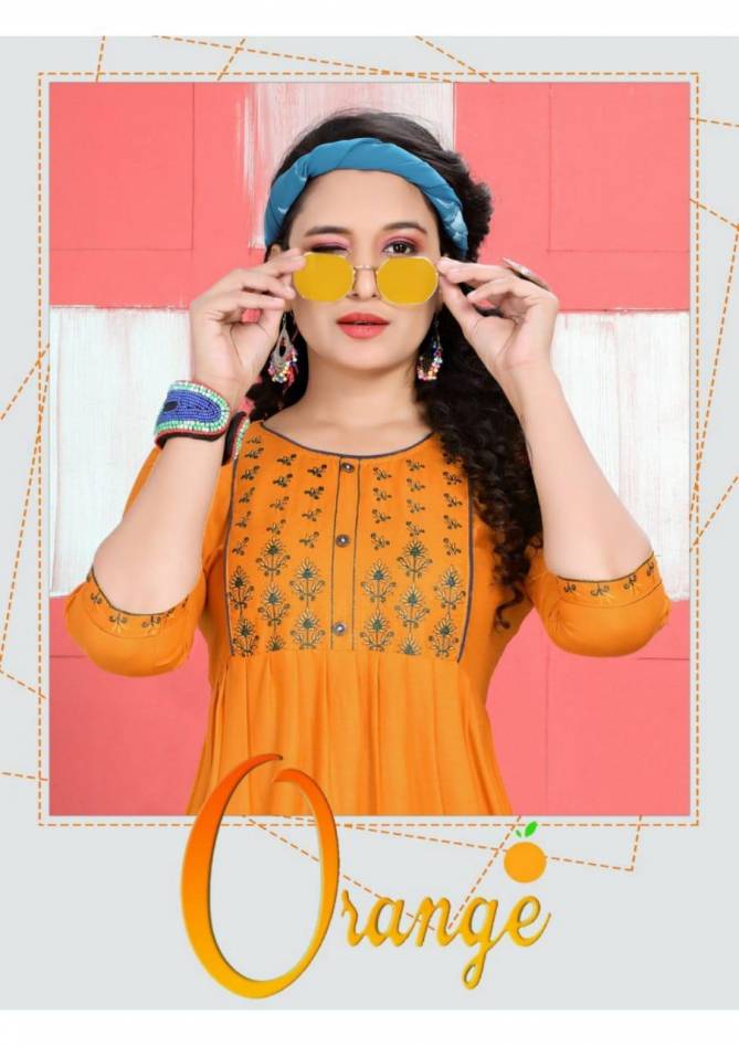 Trendy Orange Latest Fancy Designer Ethnic Wear Heavy Rayon Kurti Collection

