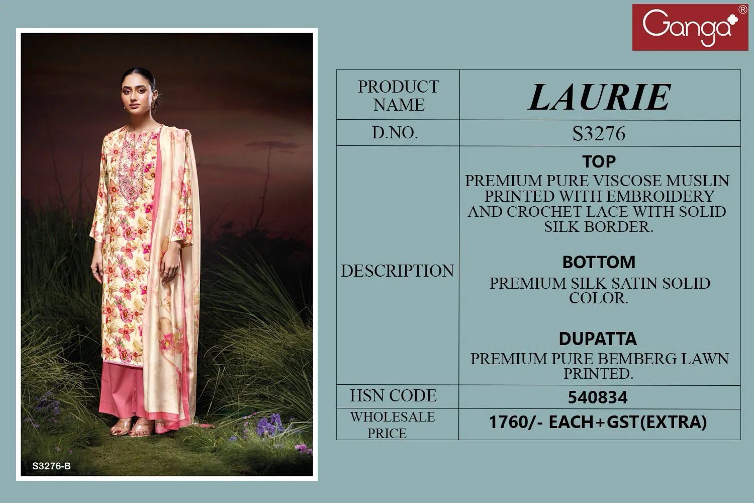 Laurie 3276 By Ganga Viscose Dress Material Wholesale In India