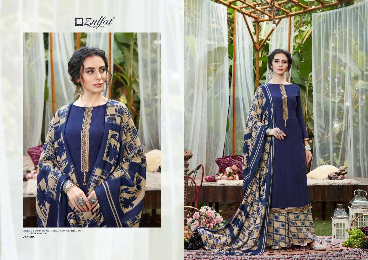 Zulfat Designer Patiala Beats Pashmina Print with Premium Elegantly Stitched Kashmiri Tie and Lace Pkazzo Suit Collection