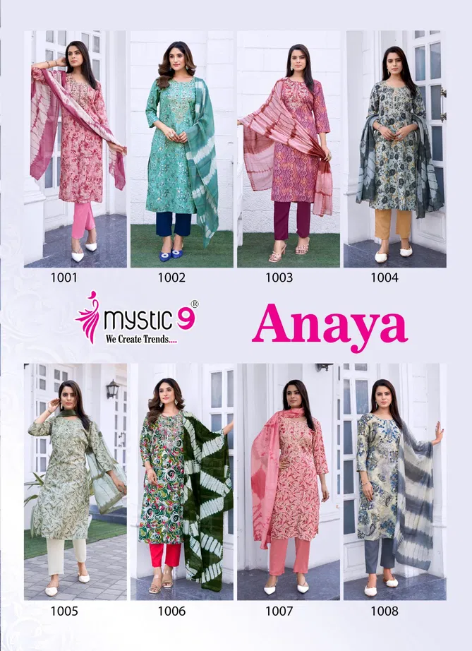 Anaya Vol 1 By Mystic 9 Rayon Embroidery Kurti With Bottom Dupatta Exporters In India