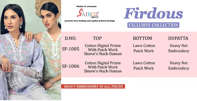 Sairoz Firdous Latest Fancy Designer casual Wear Digital Printed Embroidery Pakistani Salwar Suits Collection
