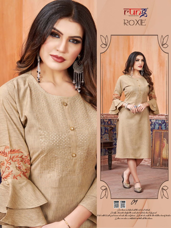 RUNG ROXIE Heavy Luxuriya Rayon With Manual Embroidery With Sequence Work Fancy Kurtis Collection