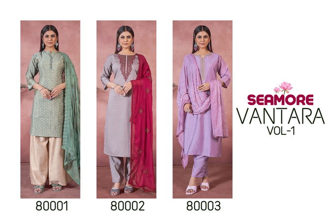 Vantara Vol 1 By Seamore Art Silk Embroidery Kurti With Bottom Dupatta Wholesale Online