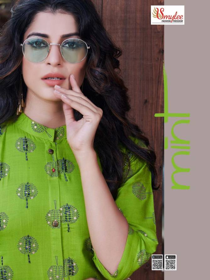 Smylee Mint Latest Designer Printed Heavy Rayon With Work Casual Kurtis Collection 