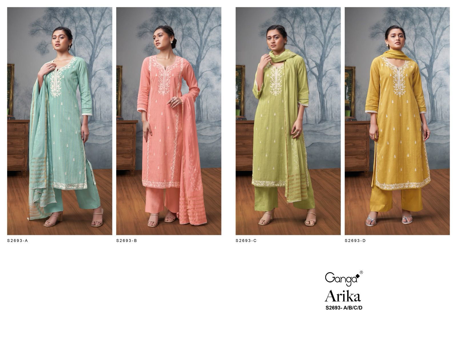 Arika 2693 By Ganga Cotton Embroidery Dress Material Wholesalers In Delhi