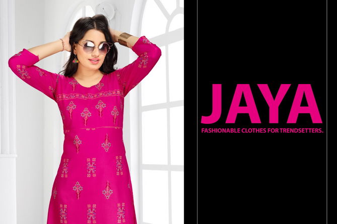 Ft Jaya Rayon Latest Fancy Designer Casual Ethnic Wear Gold Printed Long Kurtis Collection
