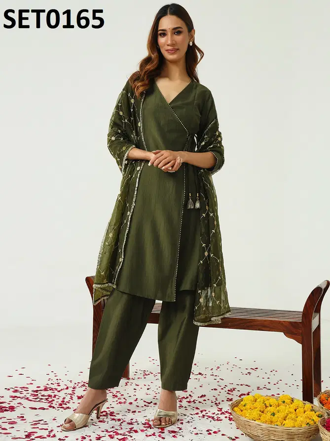 SET0165 Fiorra Green Silk Blend Angrakha Kurti With Bottom Dupatta Wholesale In India