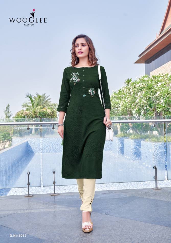 Wooglee Fashion Kesar Vol 4 Rayon Party Wear Weaving With Embroidery Hand Work Kurti With Pant Collection