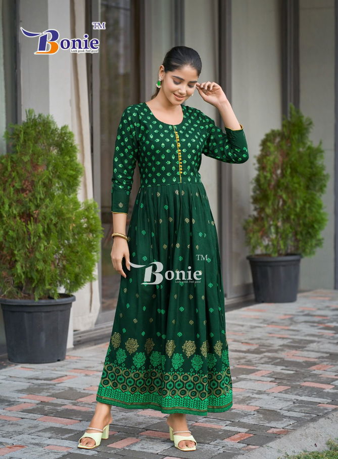 Aanchal 4 By Bonie Rayon Printed Anarkali Designer Long Kurtis Wholesalers In India