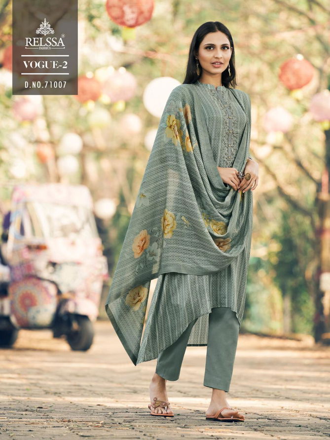 RELSSA VOGUE VOL-2 Designer Festive Wear Pure Maslin Cotton Fancy Embroidery Work With Digital Print top Dupatta And Bottom collection