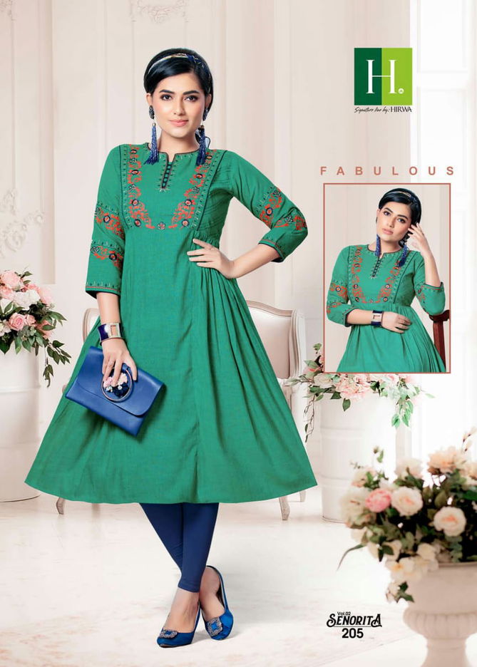 Hirwa Senorita 2 Latest Designer Fancy Embroidery Rayon Anarkali Worked Kurtis Collection
