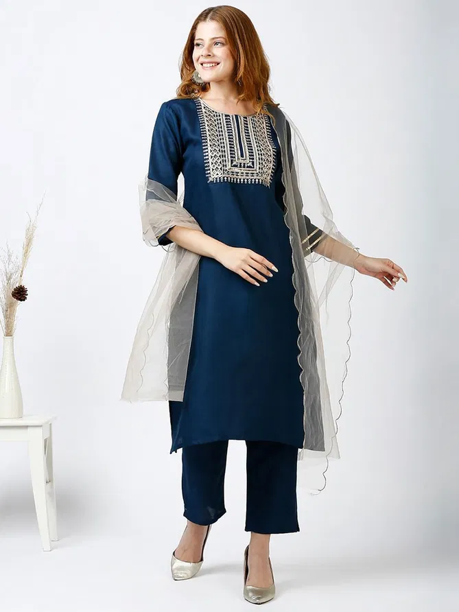 VT Designer Slub Cotton Embroidery Kurti With Bottom Dupatta Suppliers In India