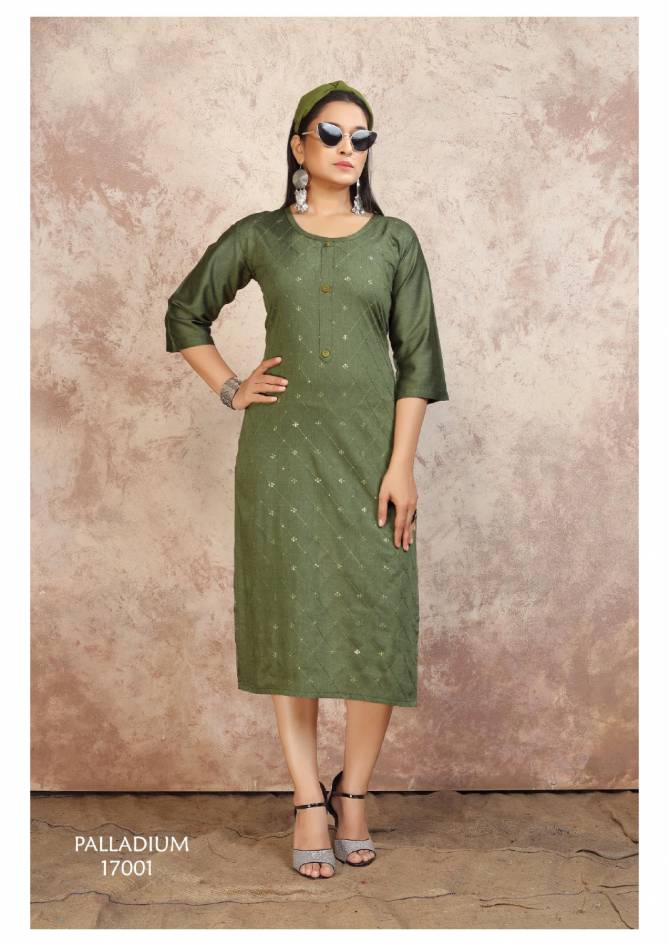 Palladium Fancy Stylish Designer Latest Ethnic Wear  Rayon With Sequence Embroidery Work Kurtis Collection 