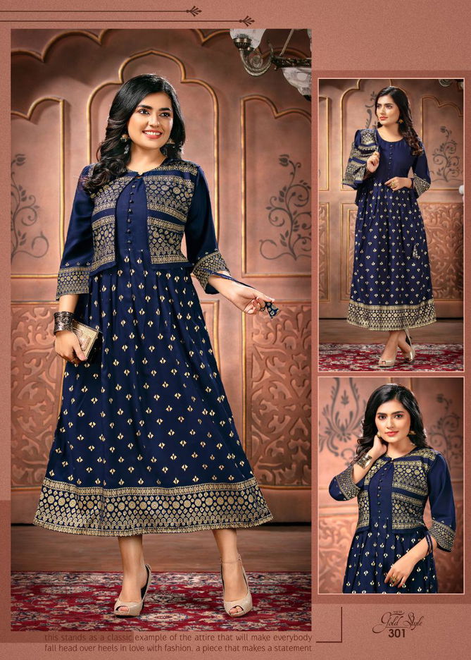 Ft Gold Style 3 Latest fancy Designer Casual Wear Gold Printed Long Kurtis Collection
