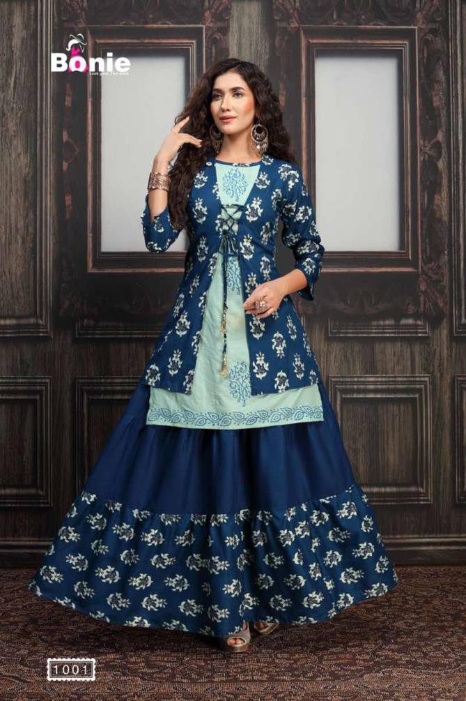 Bonie Jacket House Fancy Party Wear Jacket With Skirt rayon Printed Kurtis Collection
