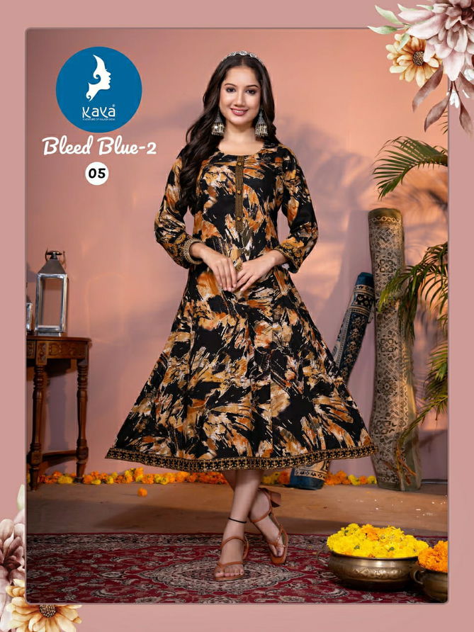 Bleed Blue 2 By Kaya Rayon Printed Anarkali Kurtis Exporters In India