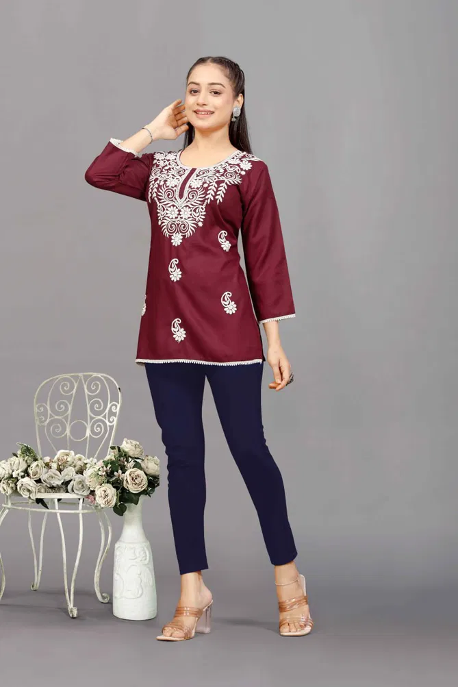 NSF Hello Rayon Chikankari Embroidery Ladies Top Wholesale Online