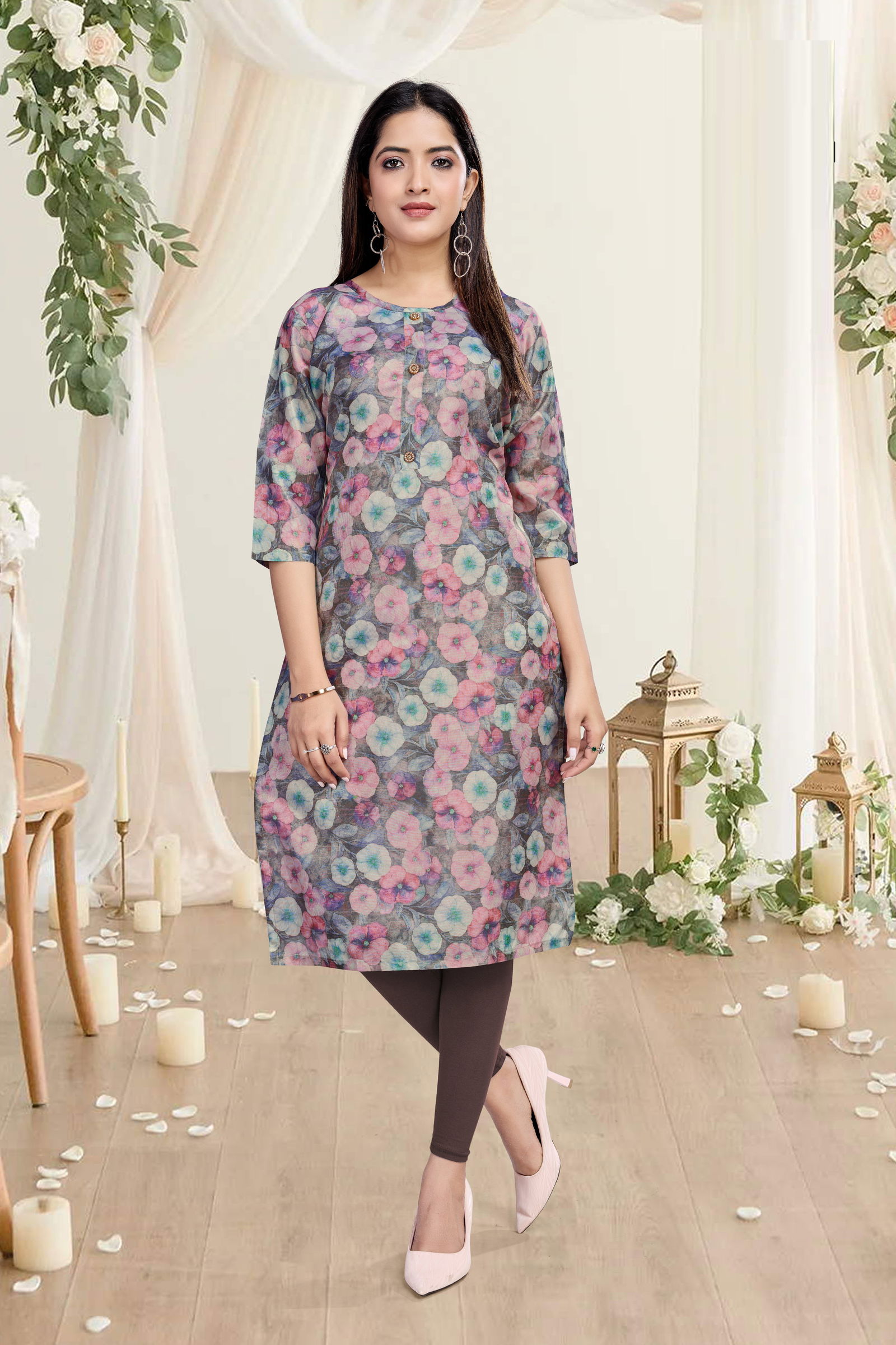 Shelly A line Printed Premuim Tissue Simmer Kurti Suppliers In India