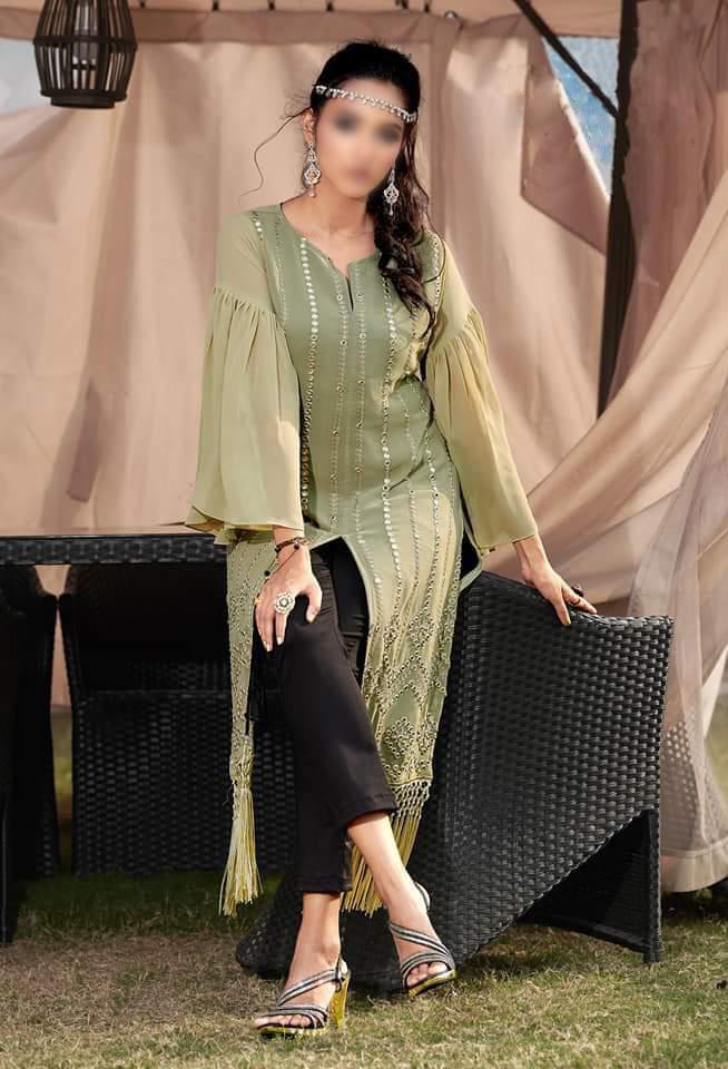 Hiba Studio LPC -24 Classy Metalic Collection Designer Tunic  with Beautiful  metalic embroidery  Embellished with handmade tassels paired with Designer Straight Cigarette pants