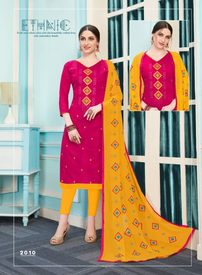 Gold 2 Latest Latest Fancy Casual Wear Bombay Slub Cotton With Embroidery Work Churidar Dress Material Collection
