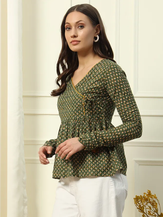 Fiorra TOP011 Green Printed Cotton Western Top Online Wholesale