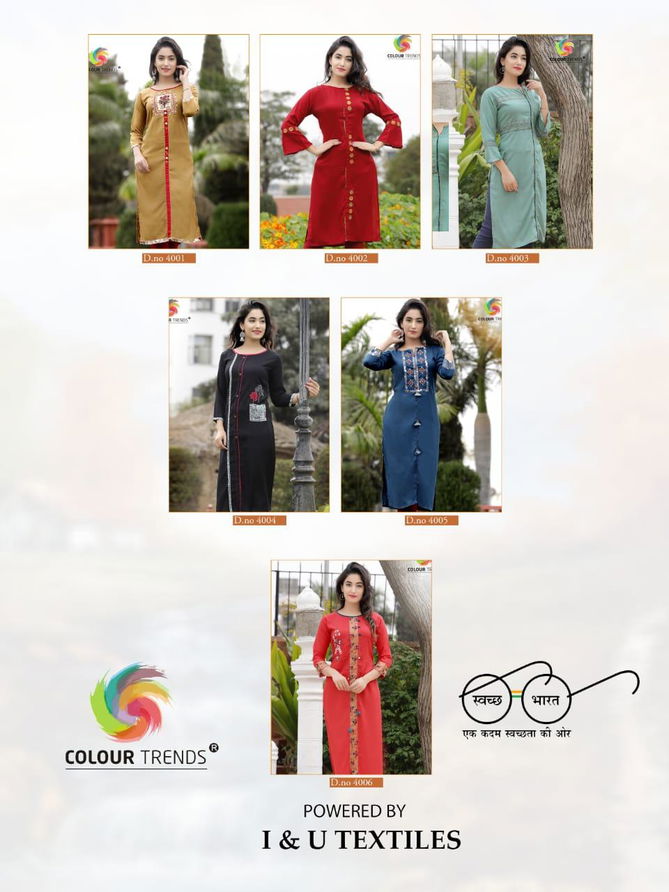 Colour Trendz Para Vol 4 Rayon Embroidery Kurtis With Handwork Collections