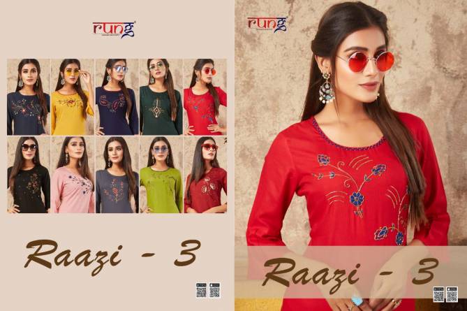 Rung Razzi 3 Latest Designer Party Wear Festive Wear Straight Line Embroidery Work Kurtis Collection  