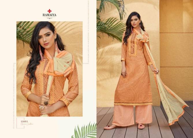 Ramaiya Rose Gold Latest Fancy Ethnic wear Cotton Print With Neck Work Top With Four Side less Dupatta Designer Dress Material Collection

