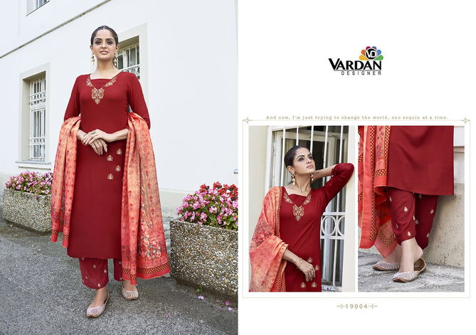 Sarshiya Vol 1 By Vardan Rayon Embroidery Kurti Pant With Dupatta Online Wholesal