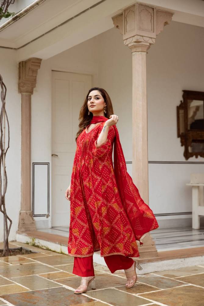 KF Red Kalaai Printex Embroidery Kurti With Bottom Dupatta Exporters In India