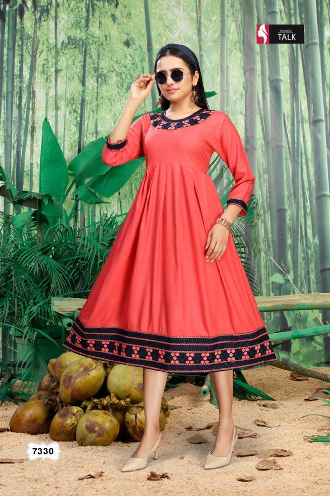 Ft Kajol Flair Embroidred Latest Fancy Designer Casual Wear Rayon Kurti Collection
