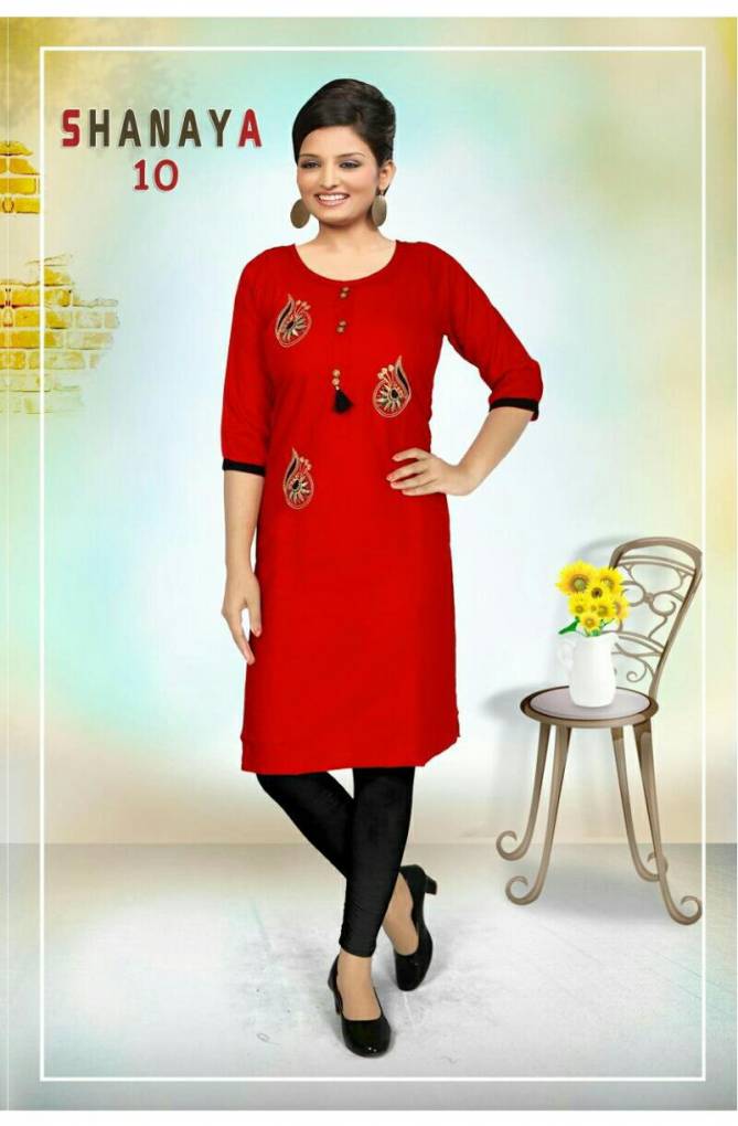 Trendy Shanaya Latest Designer Daily Wear Rayon Embroidery Work Kurtis Collection
