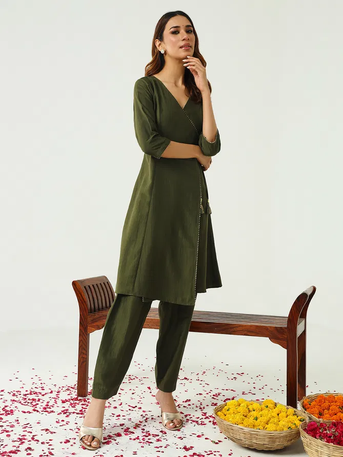 SET0165 Fiorra Green Silk Blend Angrakha Kurti With Bottom Dupatta Wholesale In India