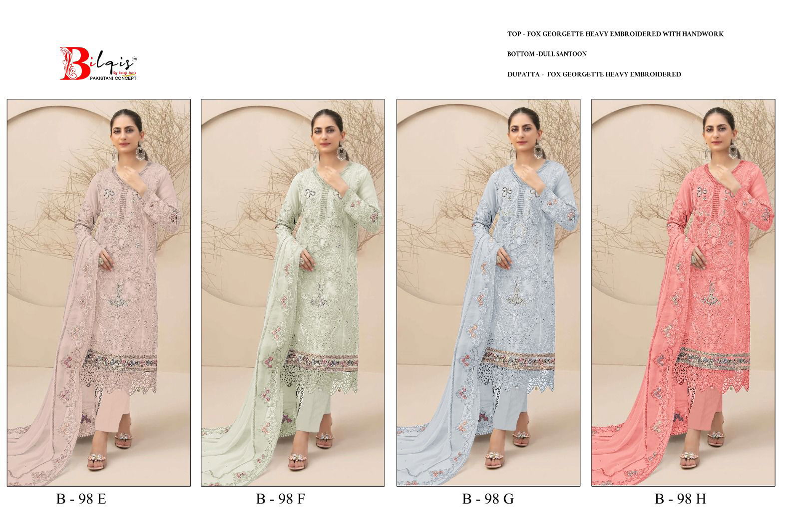 Bilqis B 98 E To H Faux Georgette Wholesale Pakistani Suits Suppliers In Mumbai