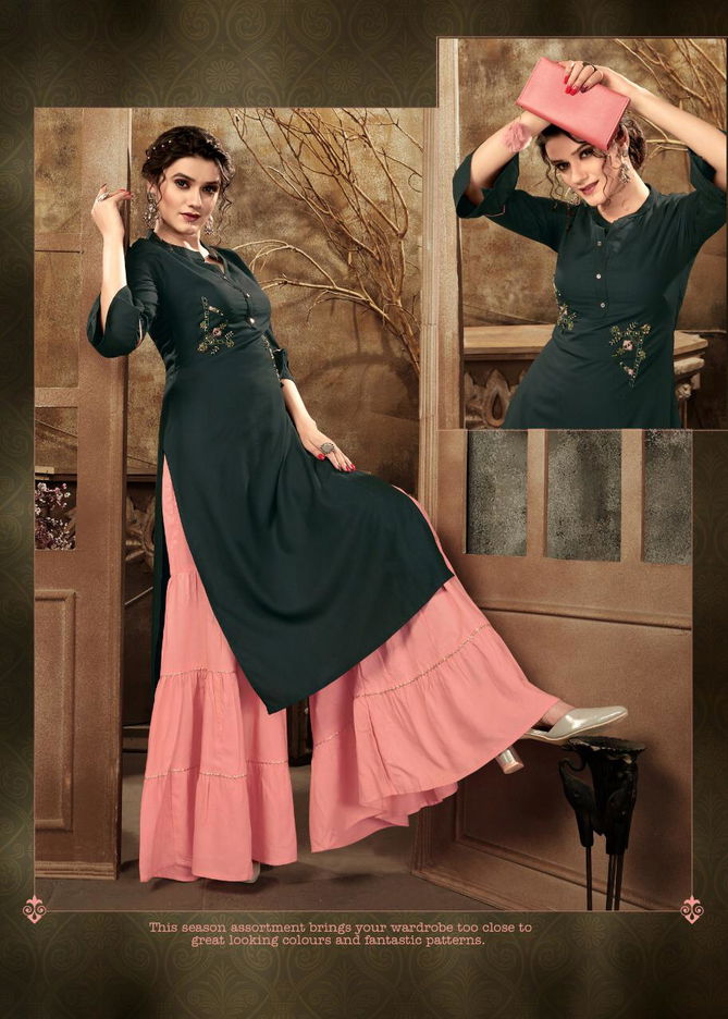 4Colours Zulfat Fancy Casual Wear Rayon Slub With Embroidery Work Kurti With Bottom Collection