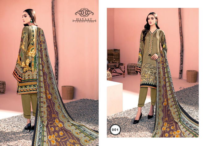 Hayat Luxury Lawn Karachi Latest Fancy Festive Wear lawn cotton Top And Bottom With Mal Mal Printed Dupatta Dress Materials Collection