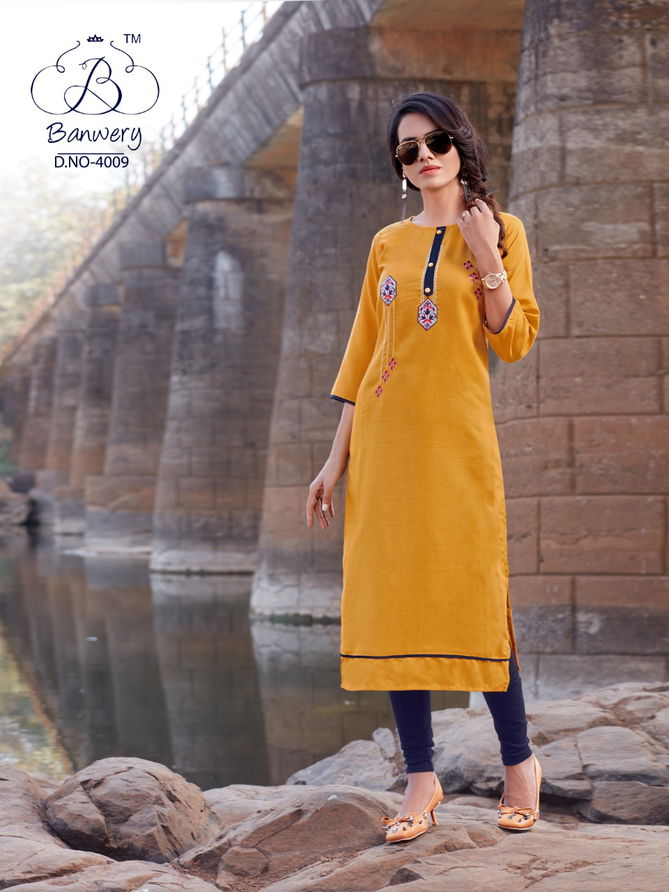 BLEND V-4 DESIGNER HEAVY PREMIUM COTTON WITH EMBROIDERY WORK THREE FOURTH SLEEVES KURTI COLLECTION