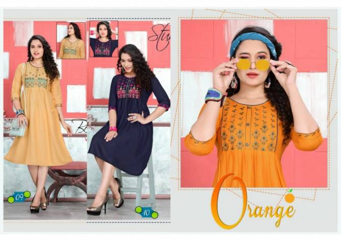 Trendy Orange Latest Fancy Designer Ethnic Wear Heavy Rayon Kurti Collection
