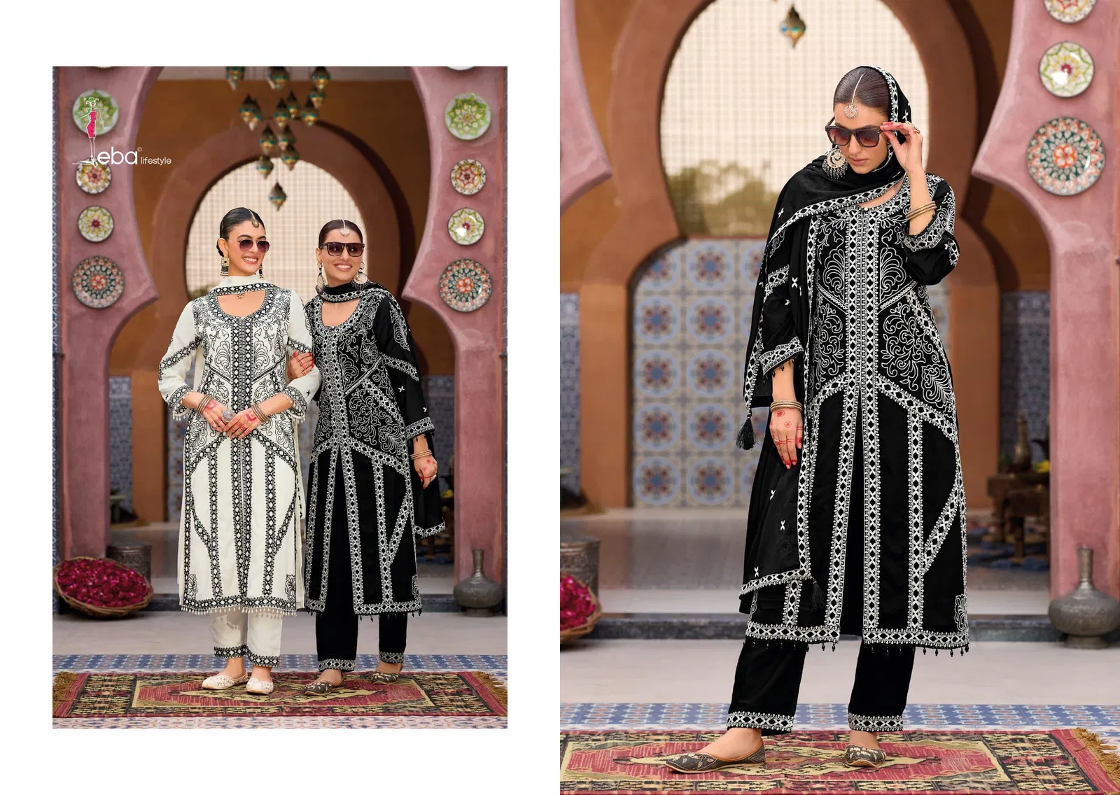 Kase Black And White By Eba Chinon Embroidery Readymade Suits Exporters In India