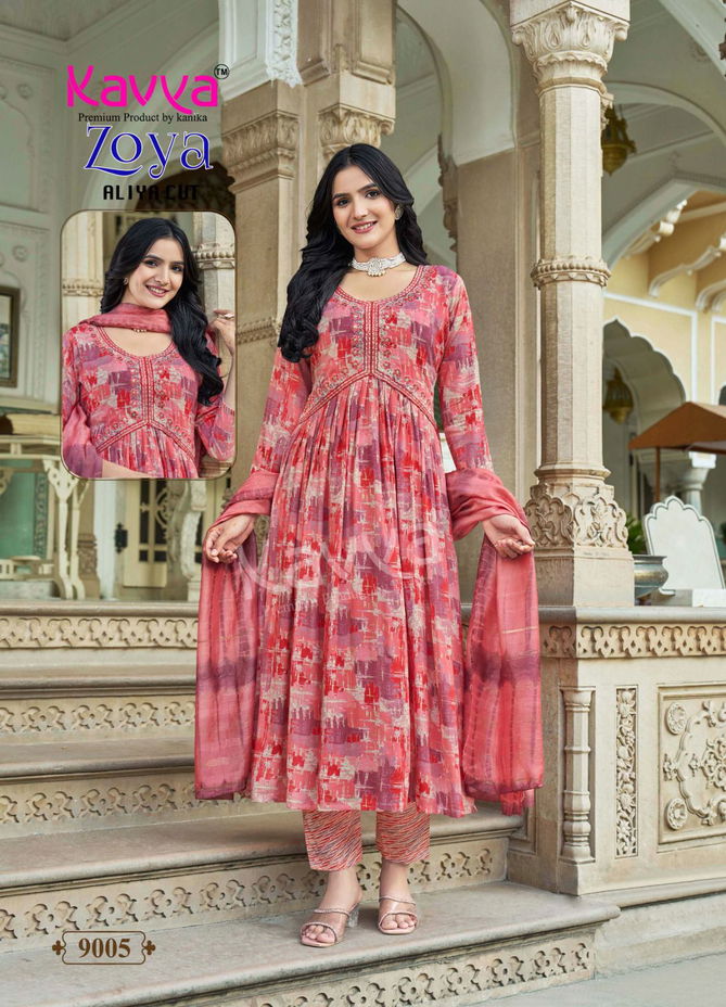 Zoya Vol 9 By Kavya Rayon Foil Aliya Cut Kurti With Bottom Dupatta Orders In India