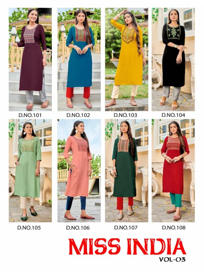 Miss India 3 Fancy Party Wear Embroidery Rayon Designer Kurti Collection
